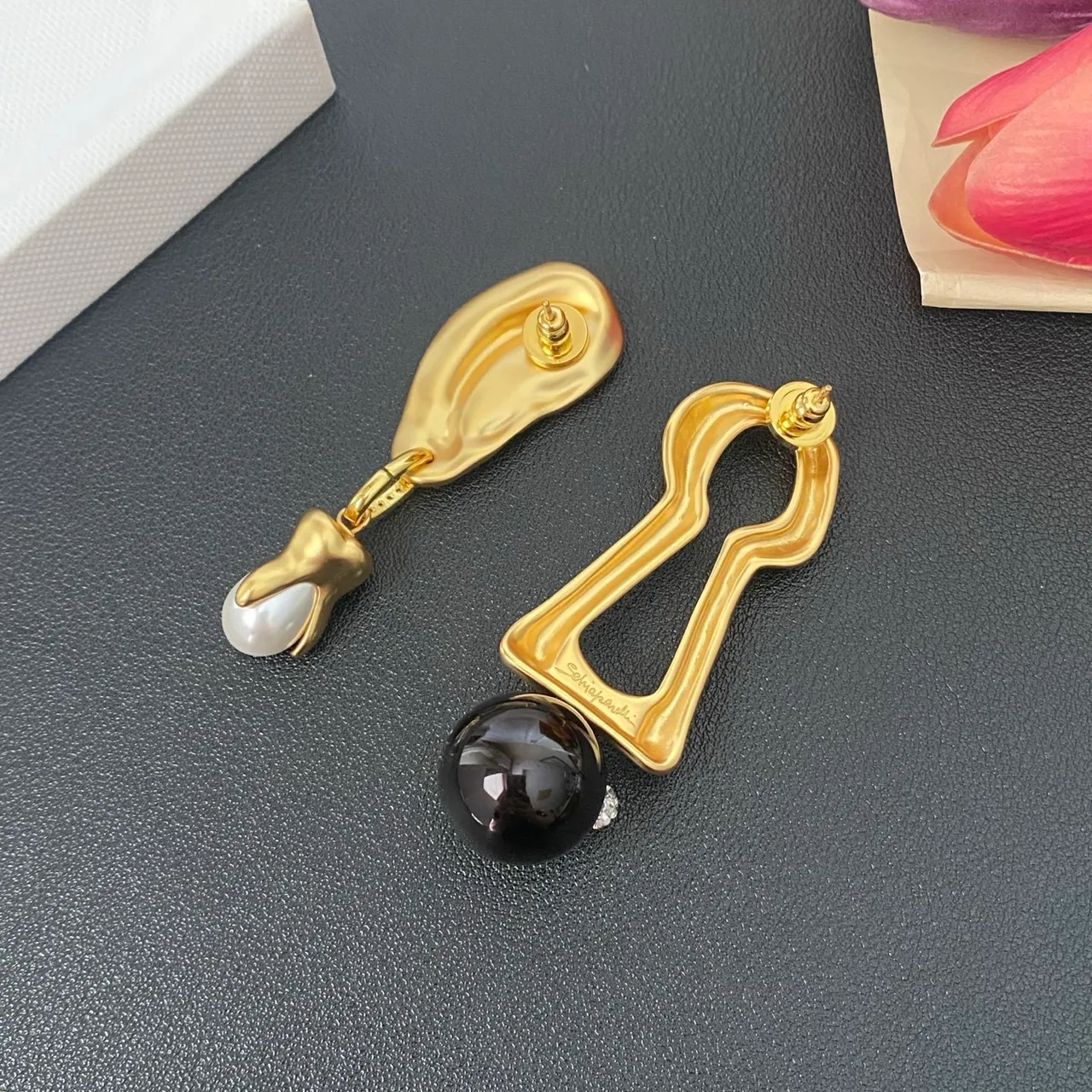 Gold Black Sculptural Top Asymmetrical Drop Earrings 5