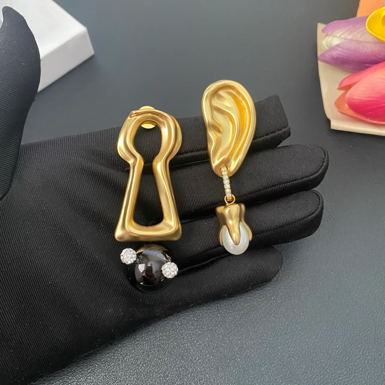 Gold Black Sculptural Top Asymmetrical Drop Earrings 6