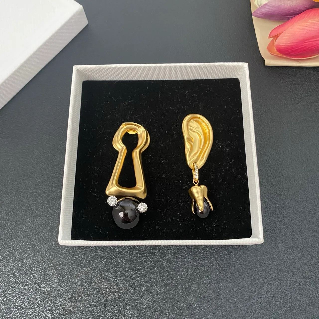 Gold Black Sculptural Top Asymmetrical Drop Earrings 8
