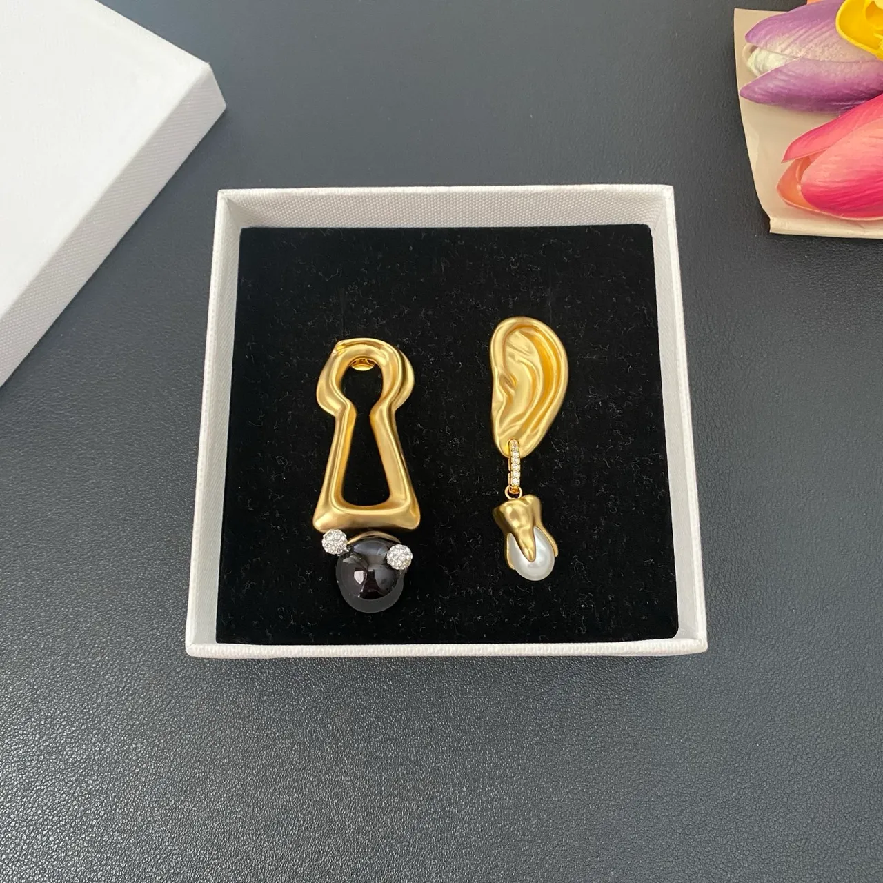 Gold Black Sculptural Top Asymmetrical Drop Earrings 9