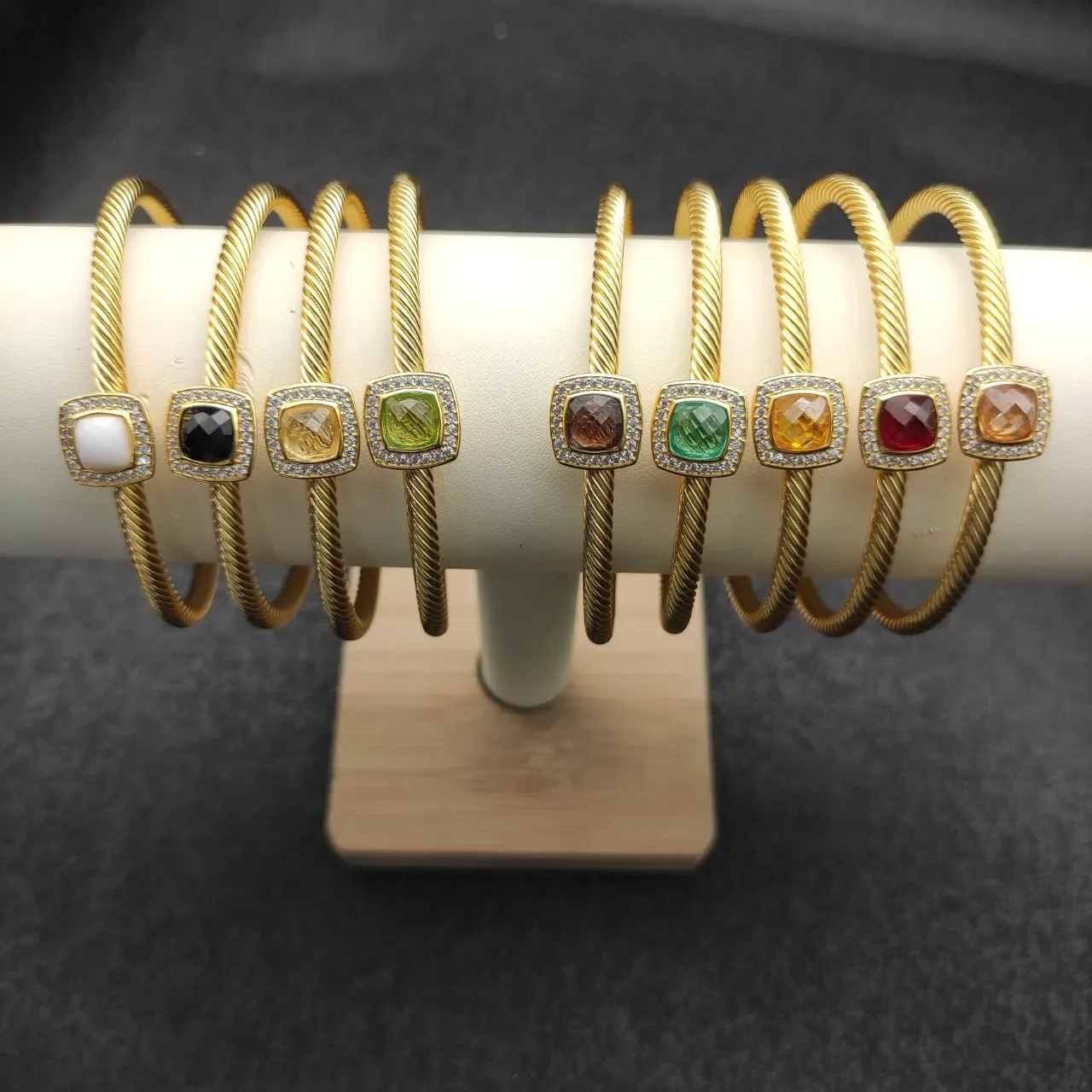 Gold Black Twisted Rope Cable Band Square Bezel Setting Bracelet 2