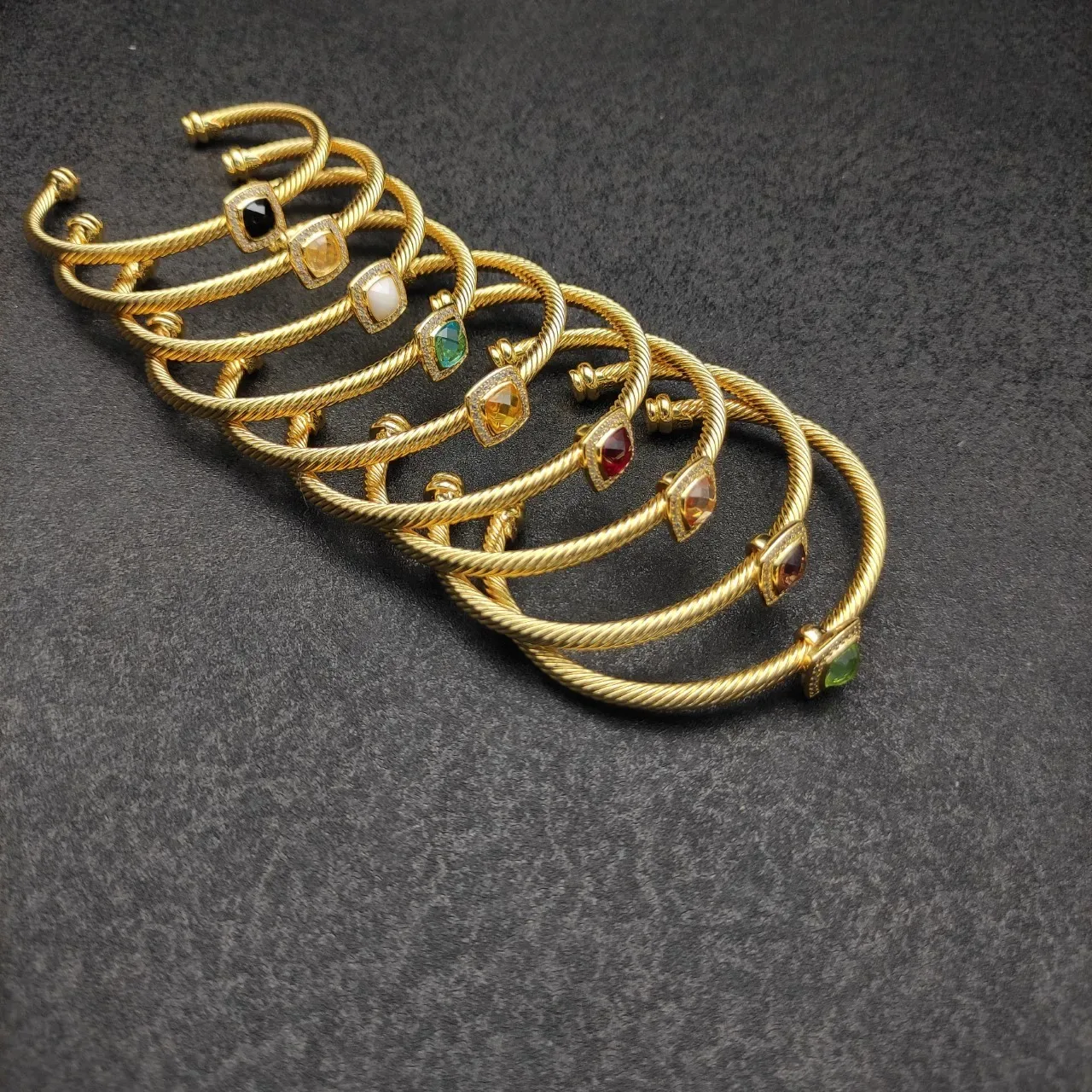 Gold Black Twisted Rope Cable Band Square Bezel Setting Bracelet 4
