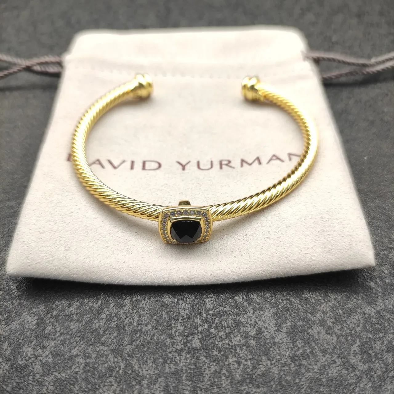 Gold Black Twisted Rope Cable Band Square Bezel Setting Bracelet 6