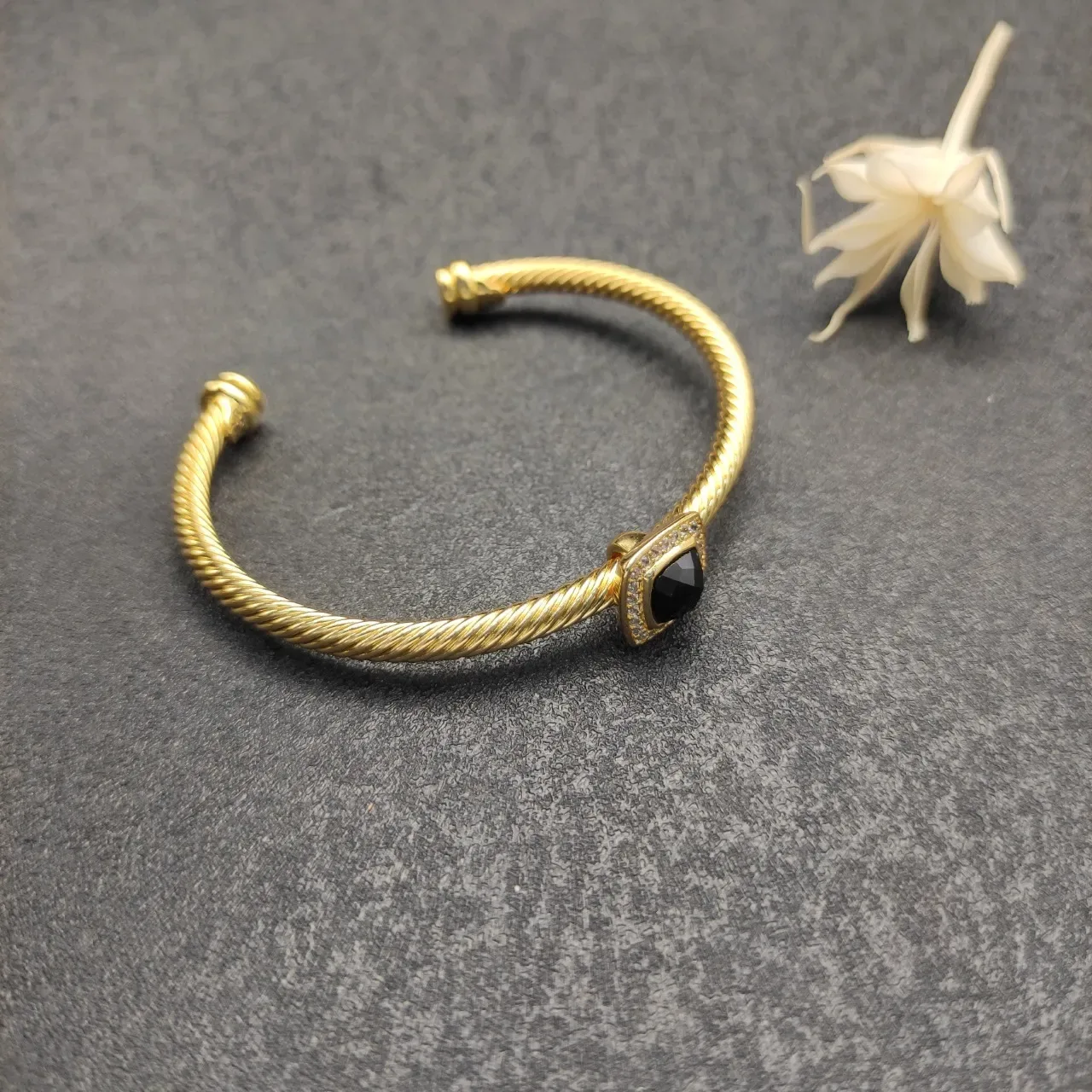 Gold Black Twisted Rope Cable Band Square Bezel Setting Bracelet 8
