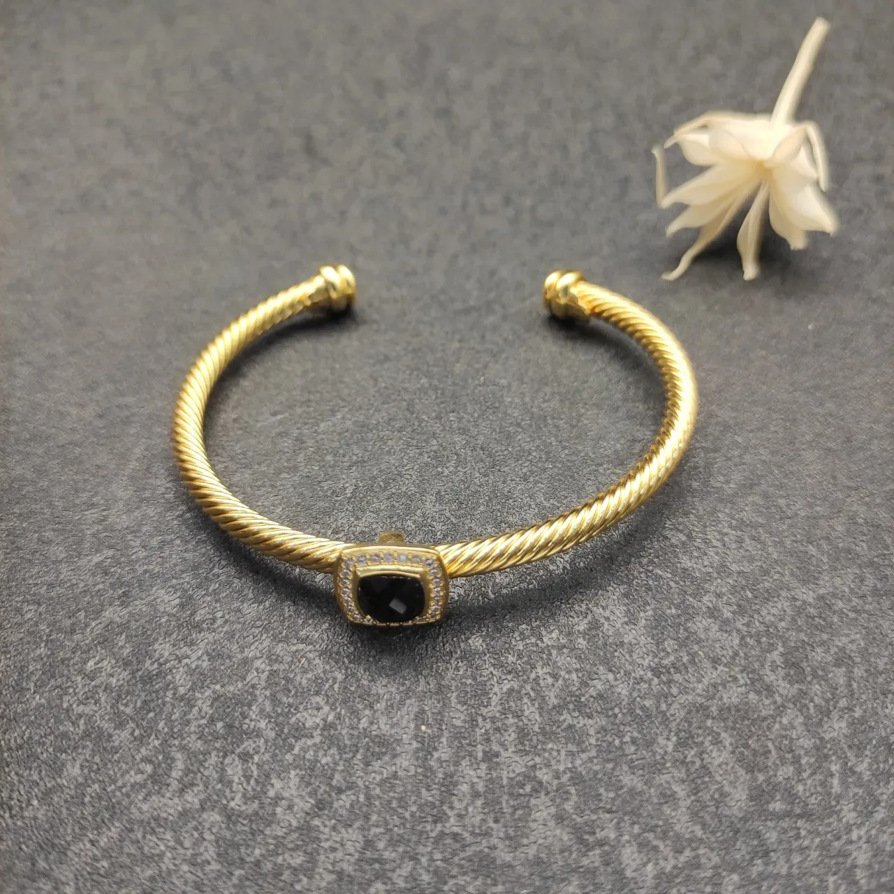 Gold Black Twisted Rope Cable Band Square Bezel Setting Bracelet 9
