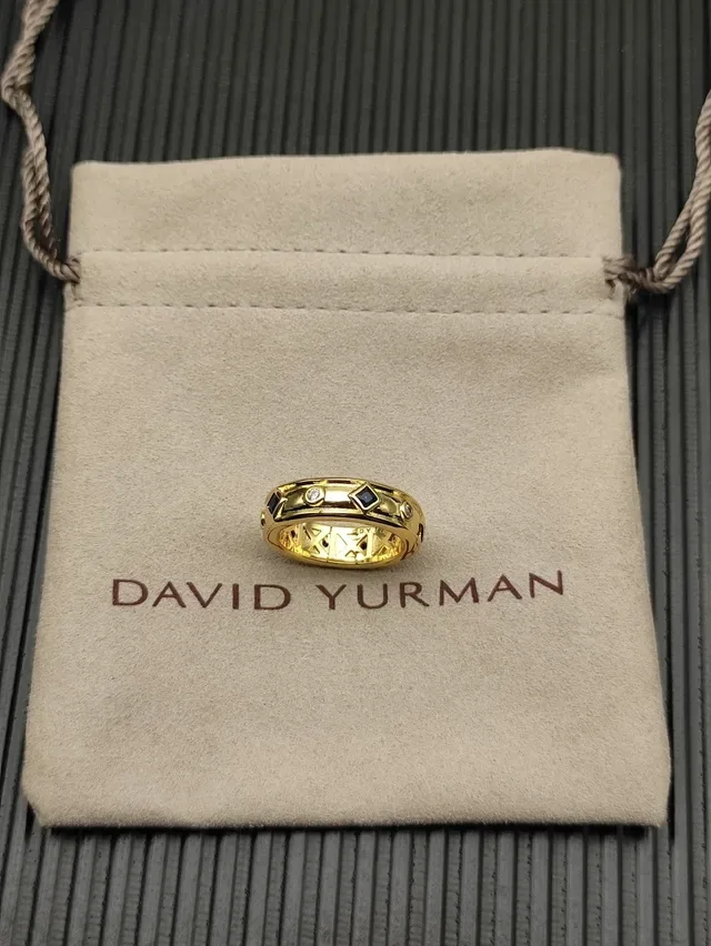 Gold Blue Band Square-Cut Sapphire Inlays Ring 6