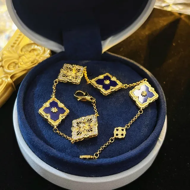 Gold Blue Chain Floral Quatrefoil Links Bracelet 2