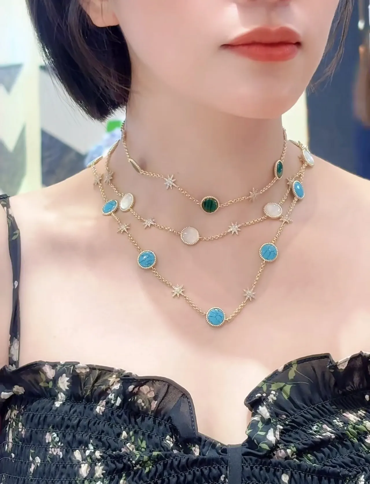 Gold Blue Chain Turquoise Cabochon Stations Necklace 2