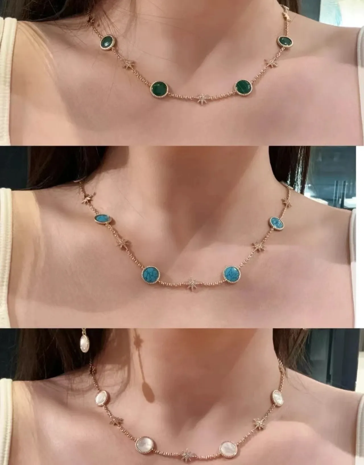Gold Blue Chain Turquoise Cabochon Stations Necklace 3
