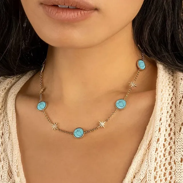 Gold Blue Chain Turquoise Cabochon Stations Necklace 5