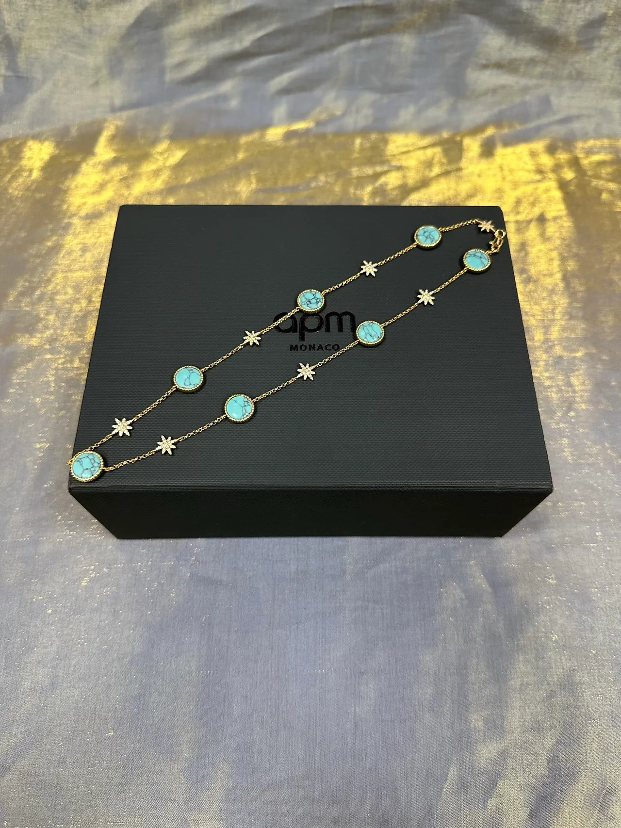 Gold Blue Chain Turquoise Cabochon Stations Necklace 6