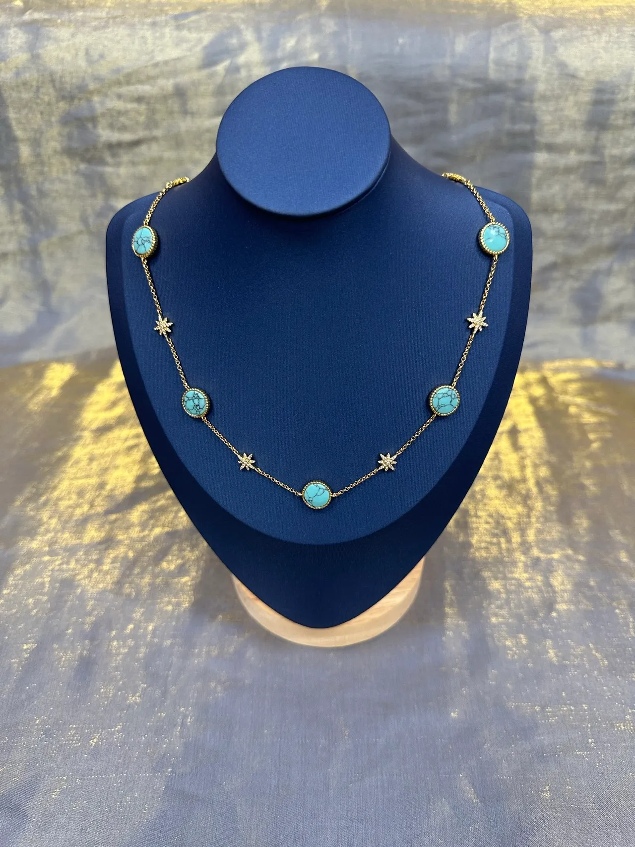 Gold Blue Chain Turquoise Cabochon Stations Necklace 9