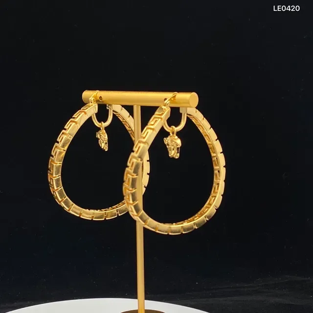 Gold Geometric Greek Key Pattern Dangling Medusa Head Charms Earrings 2