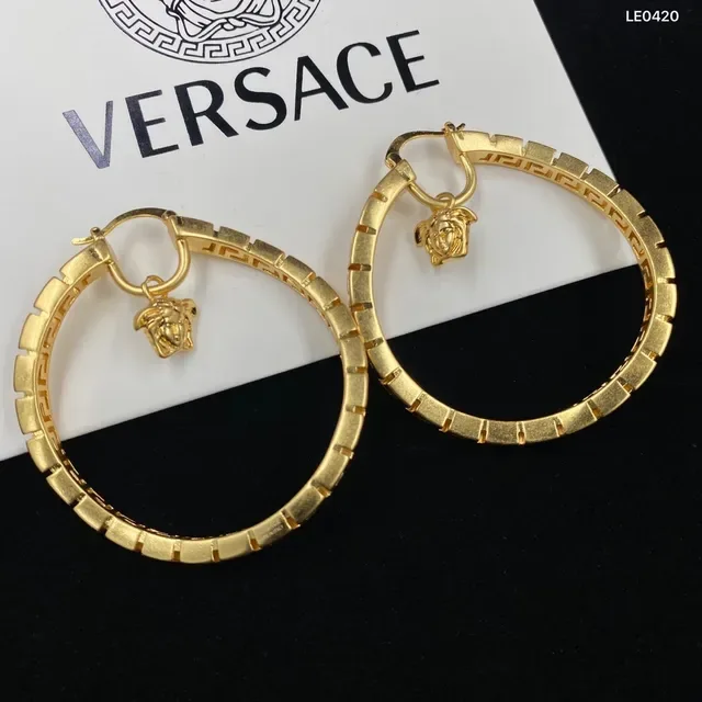 Gold Geometric Greek Key Pattern Dangling Medusa Head Charms Earrings 3