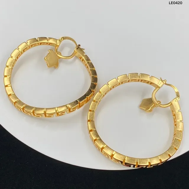 Gold Geometric Greek Key Pattern Dangling Medusa Head Charms Earrings 4