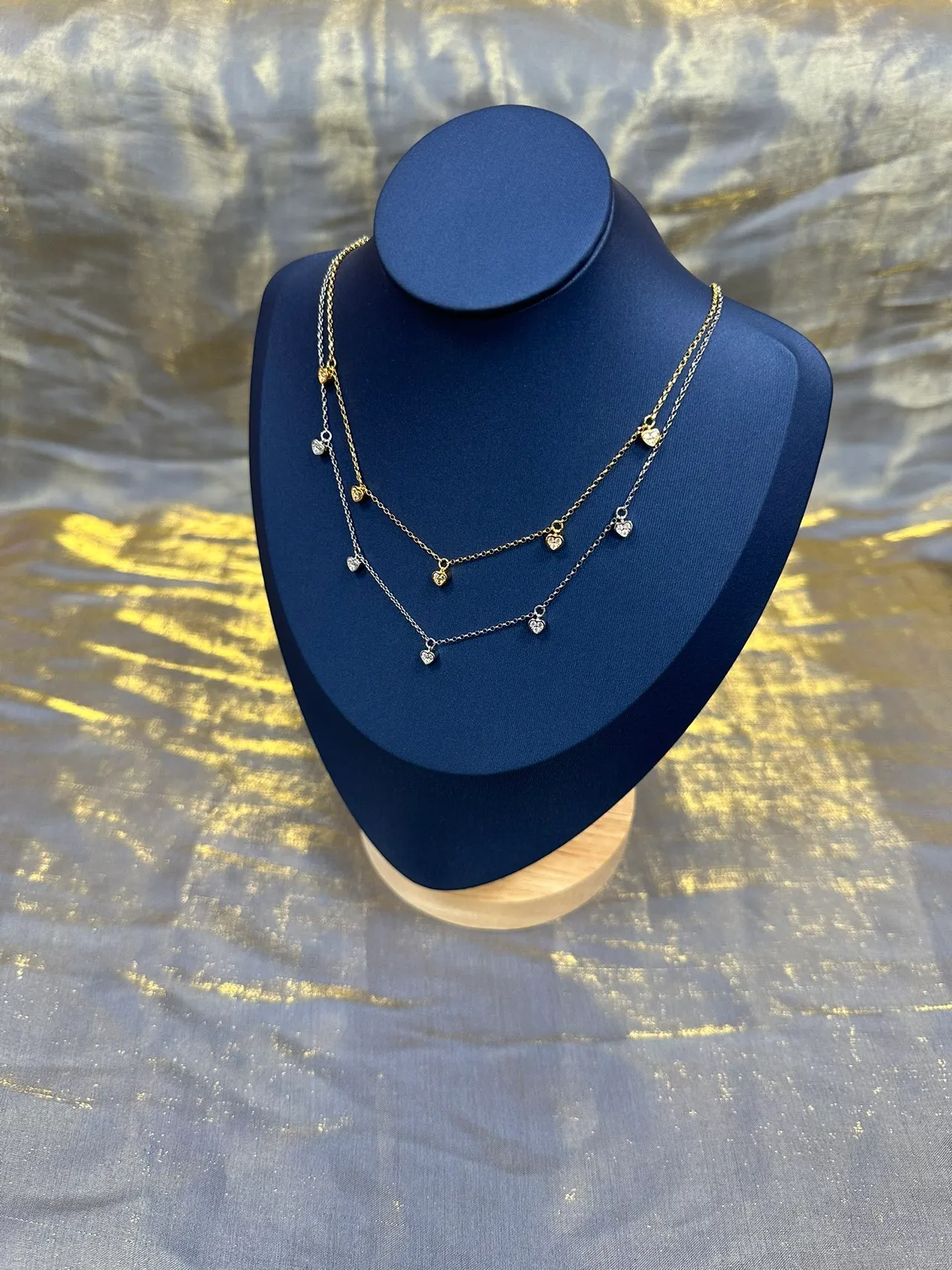 Gold Green Chain Five Dangling Heart Charms Necklace 2
