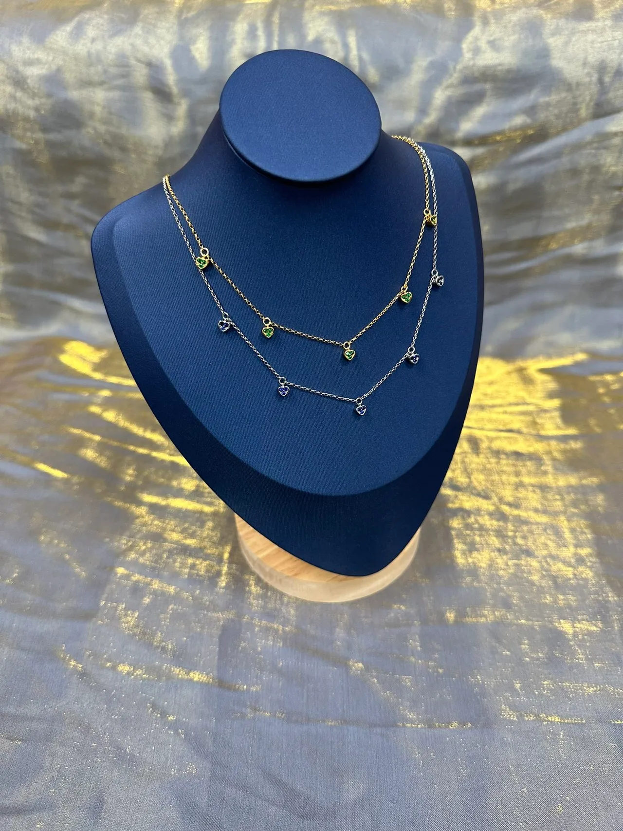 Gold Green Chain Five Dangling Heart Charms Necklace 3