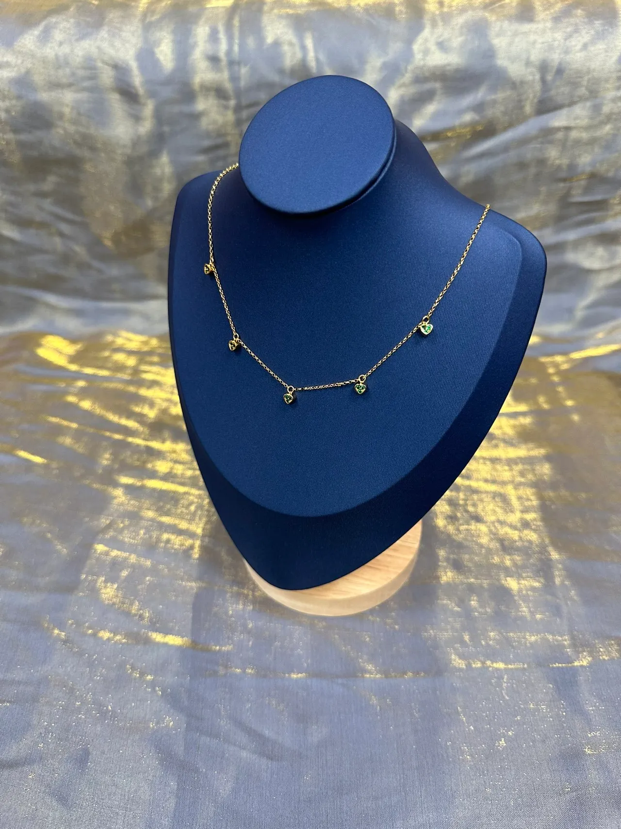 Gold Green Chain Five Dangling Heart Charms Necklace 4