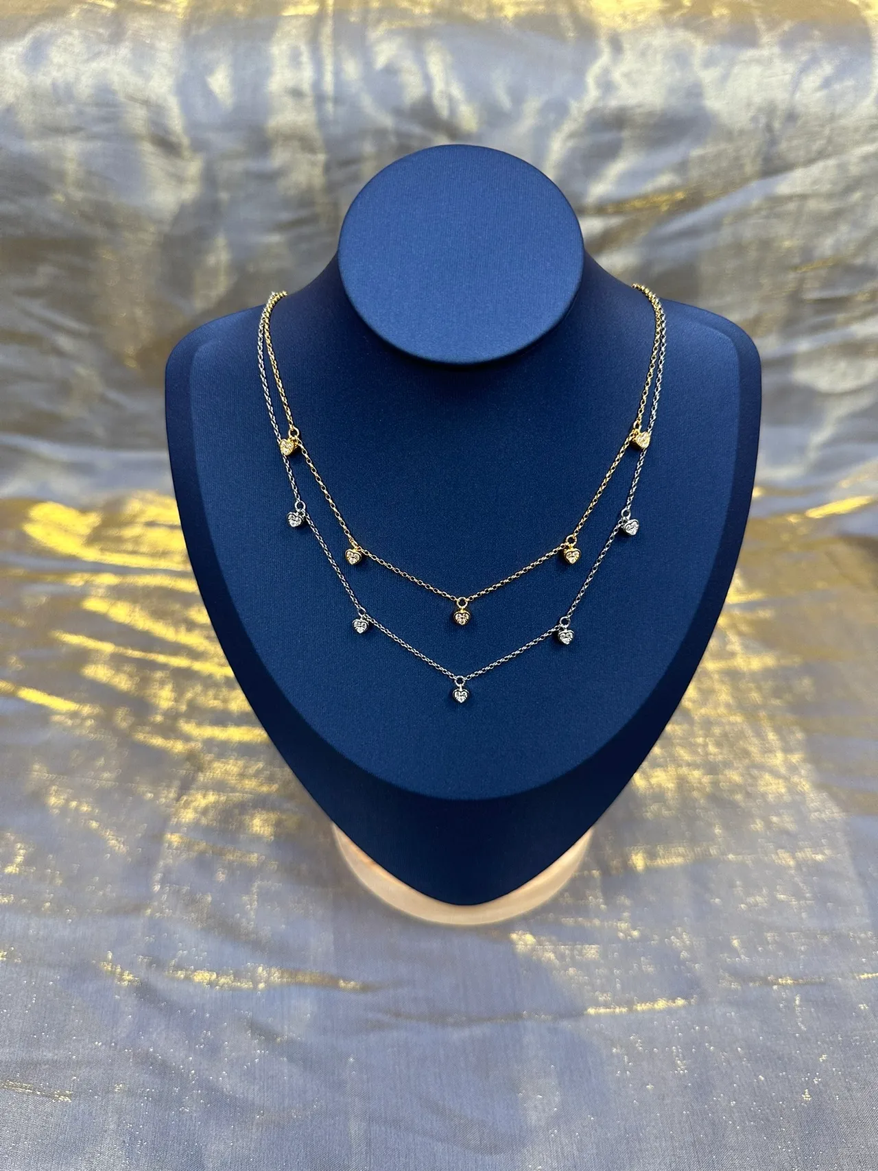 Gold Green Chain Five Dangling Heart Charms Necklace 6