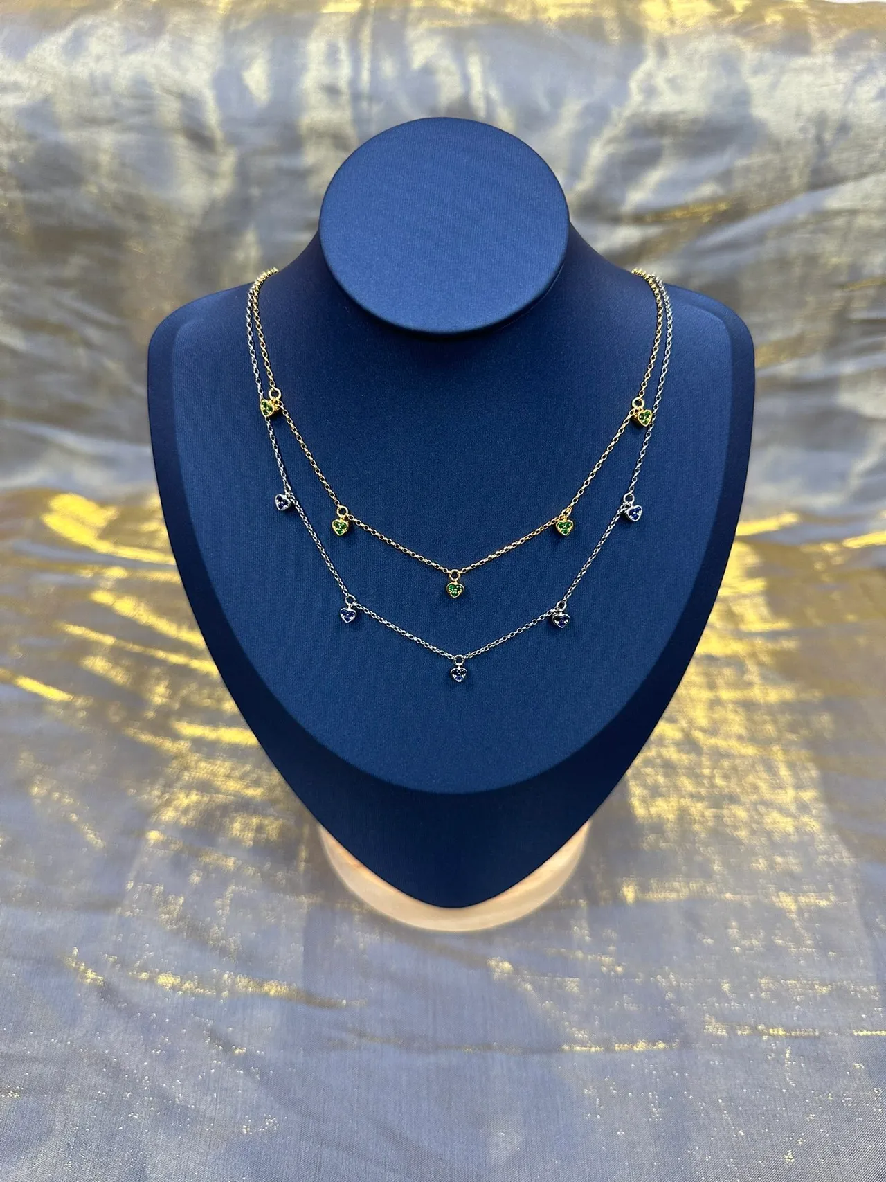 Gold Green Chain Five Dangling Heart Charms Necklace 7