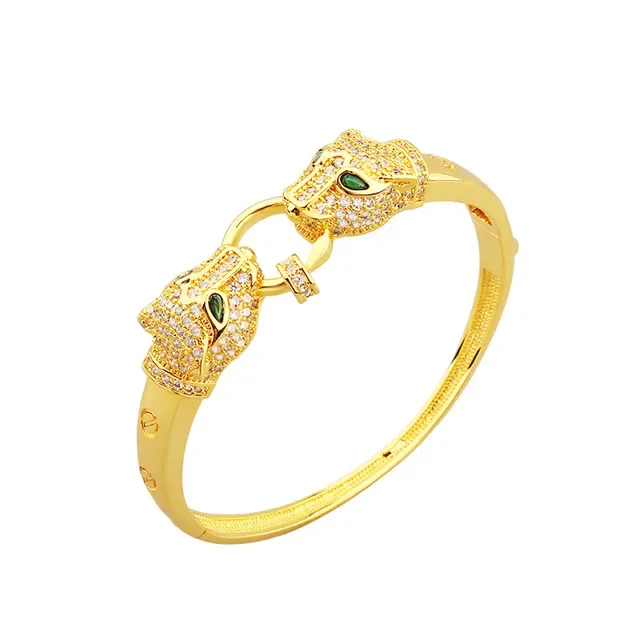 Gold Green Panther-Head Motif Pave-Set Clear Crystals Bracelet 3