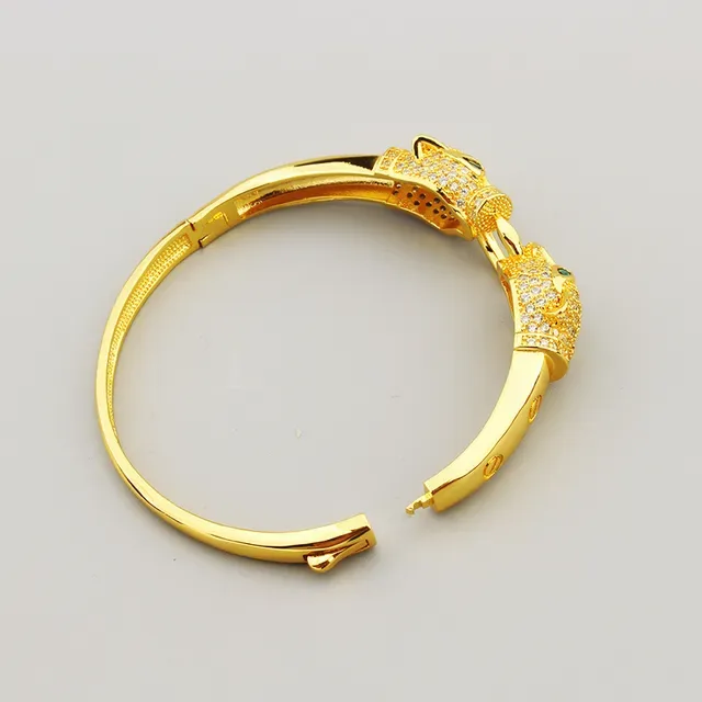 Gold Green Panther-Head Motif Pave-Set Clear Crystals Bracelet 4
