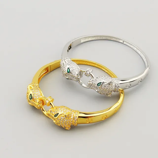 Gold Green Panther-Head Motif Pave-Set Clear Crystals Bracelet 5