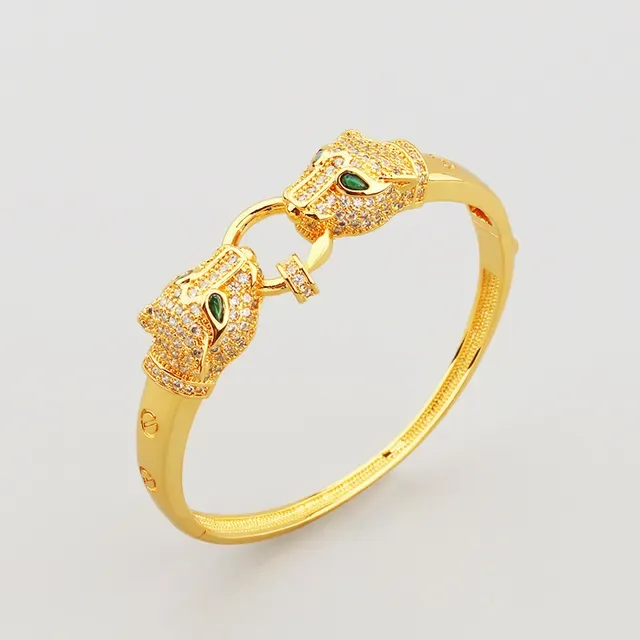 Gold Green Panther-Head Motif Pave-Set Clear Crystals Bracelet 6
