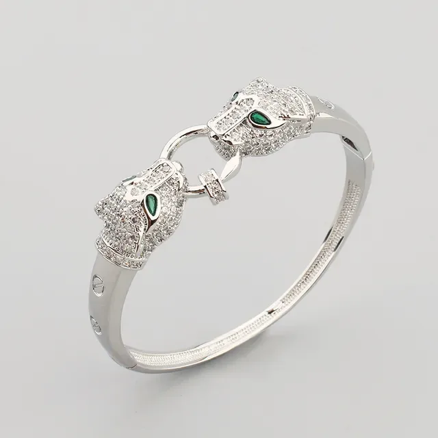 Gold Green Panther-Head Motif Pave-Set Clear Crystals Bracelet 7
