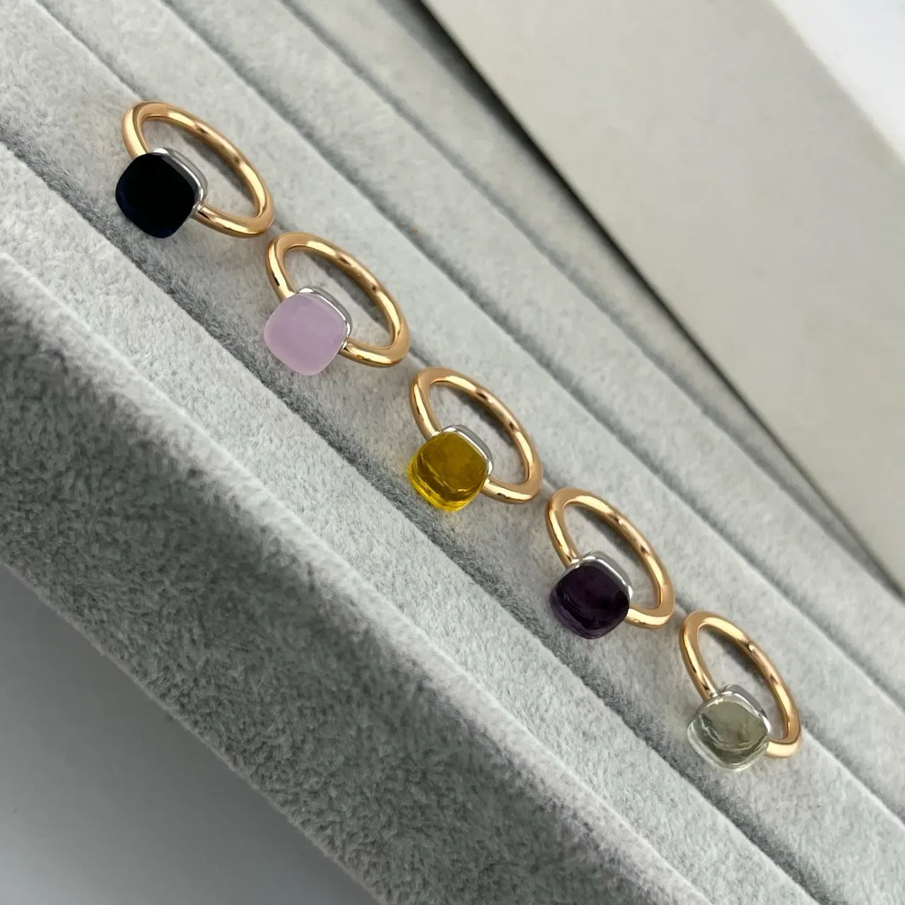 Gold Multicolor Open-Band Square Cushion-Cut Gemstones Ring 6