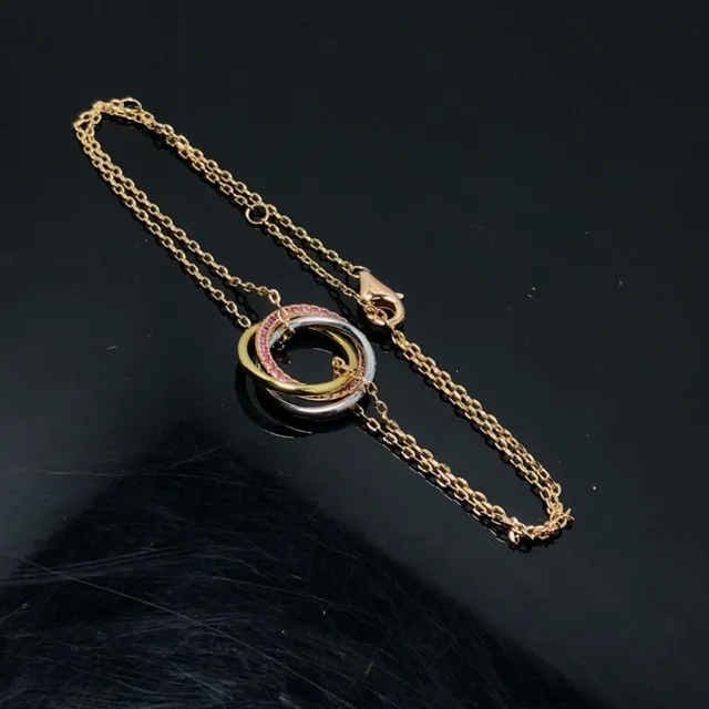 Gold Pink Interlocking Triple-Ring Pendant Pavé-Set Stones Necklace 2