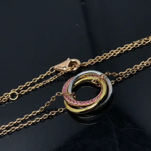 Gold Pink Interlocking Triple-Ring Pendant Pavé-Set Stones Necklace 4