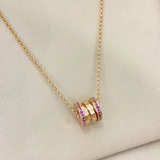 Gold Purple Stacked Ring Pendant Pavé-Set Stones Necklace