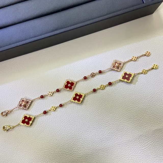 Gold Red Filigree Square Links Floral Openwork Center Bracelet 2