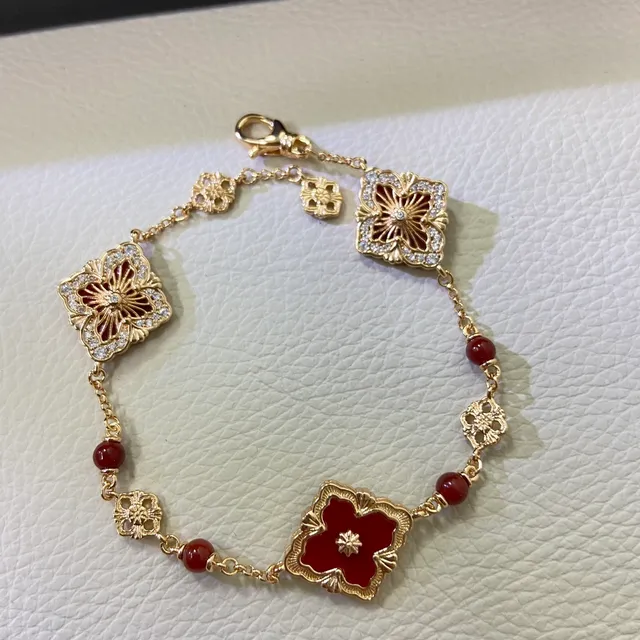 Gold Red Filigree Square Links Floral Openwork Center Bracelet 3