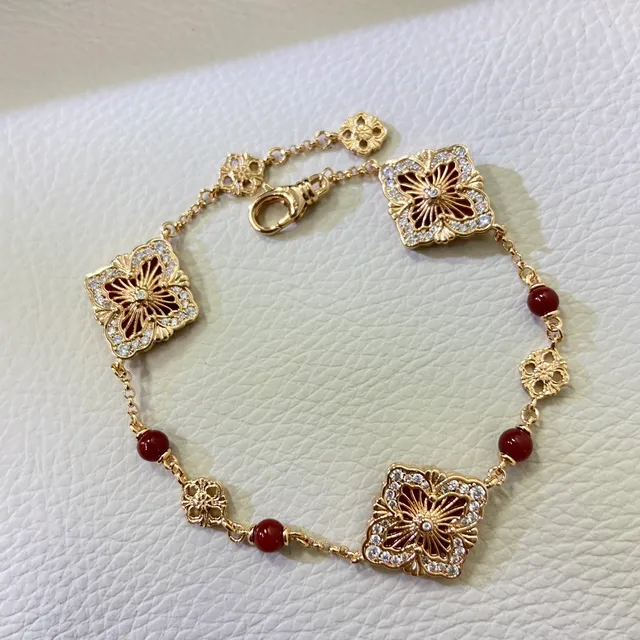 Gold Red Filigree Square Links Floral Openwork Center Bracelet 4