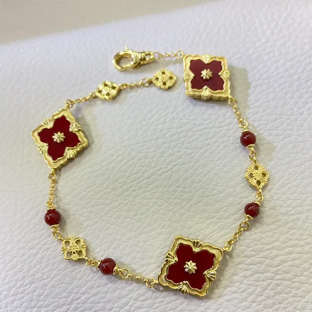 Gold Red Filigree Square Links Floral Openwork Center Bracelet 5