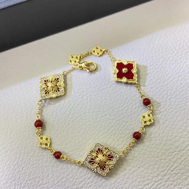 Gold Red Filigree Square Links Floral Openwork Center Bracelet 6
