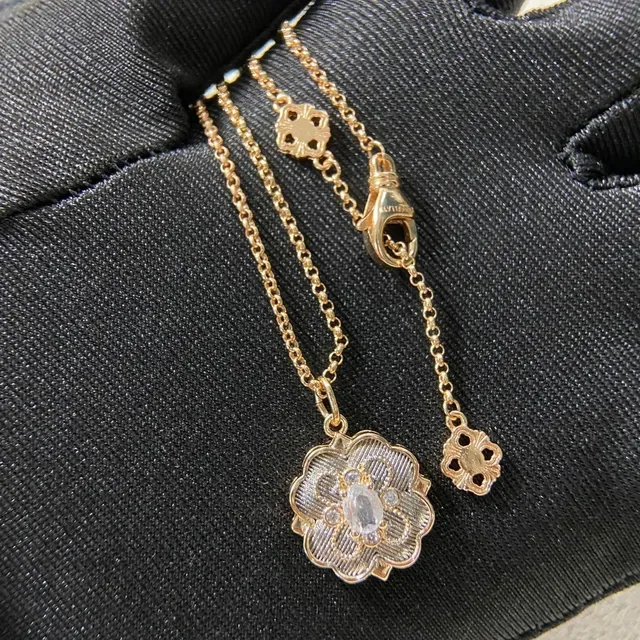 Gold Silver Floral Locket Textured Center Necklace 6