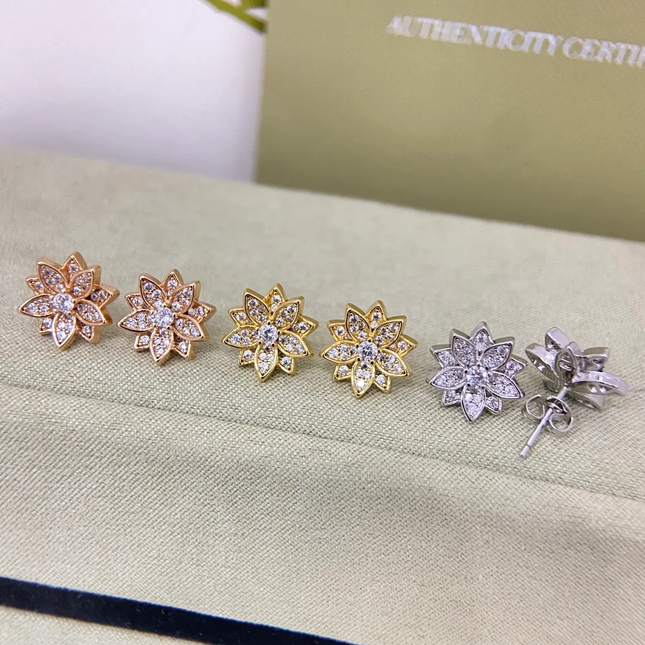 Gold Silver Floral Petal Silhouette Pavé Crystal Setting Earrings 2
