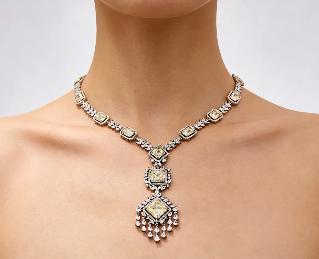 Gold Silver Multi-Stone Pendant Symmetrical Drop Design Necklace 2