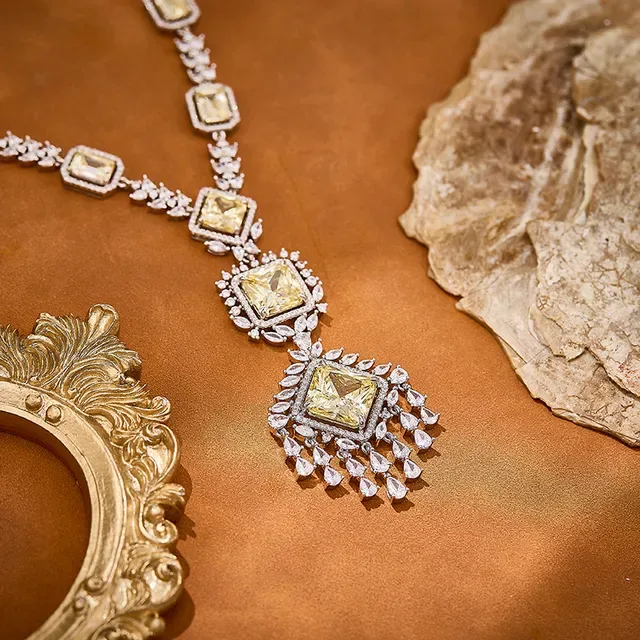 Gold Silver Multi-Stone Pendant Symmetrical Drop Design Necklace 3