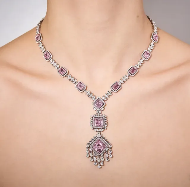 Gold Silver Multi-Stone Pendant Symmetrical Drop Design Necklace 7