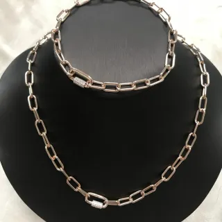 金银矩形链条镶钻石点缀项链