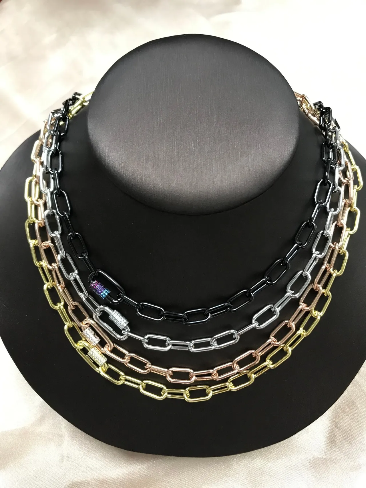 Gold Silver Rectangular Link Chain Pavé-Stone Accent Necklace 2