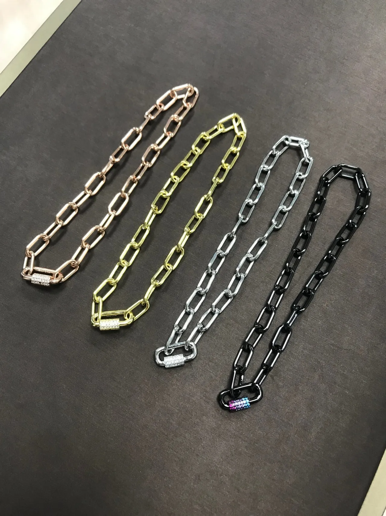 Gold Silver Rectangular Link Chain Pavé-Stone Accent Necklace 4