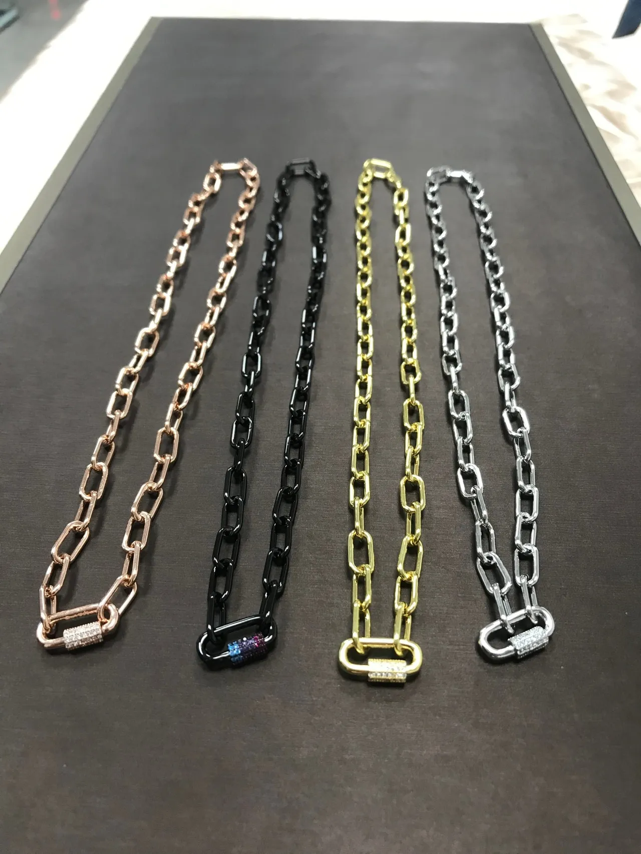 Gold Silver Rectangular Link Chain Pavé-Stone Accent Necklace 5