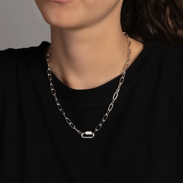 Gold Silver Rectangular Link Chain Pavé-Stone Accent Necklace 9