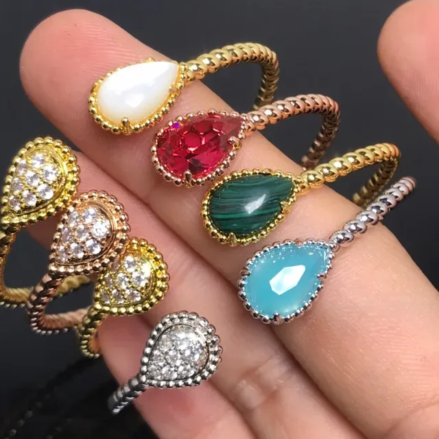 Gold Silver Teardrop Stone Setting Rope-Textured Band Ring 4