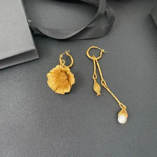 Gold-Tone Asymmetrical Floral and Pearl Drop Earrings